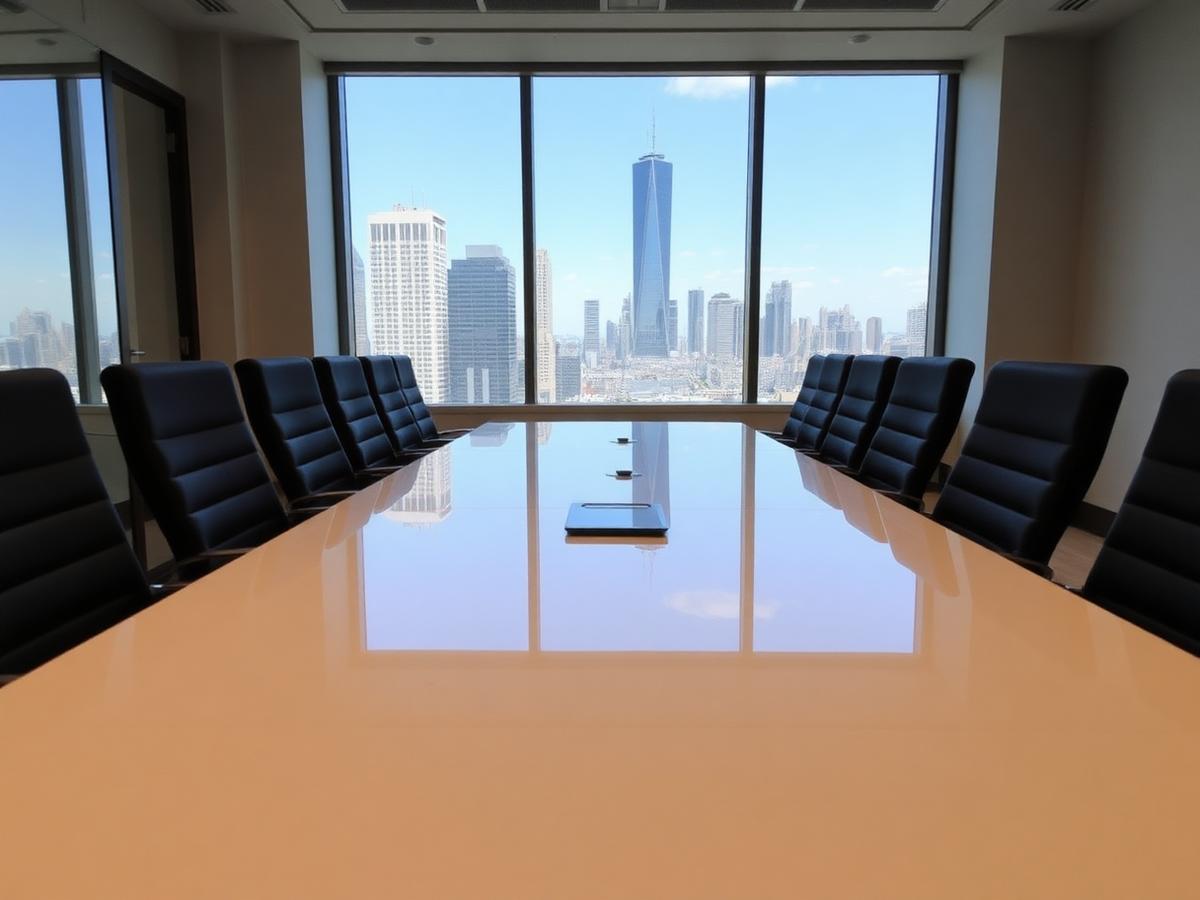 Polished conference-room table with city view