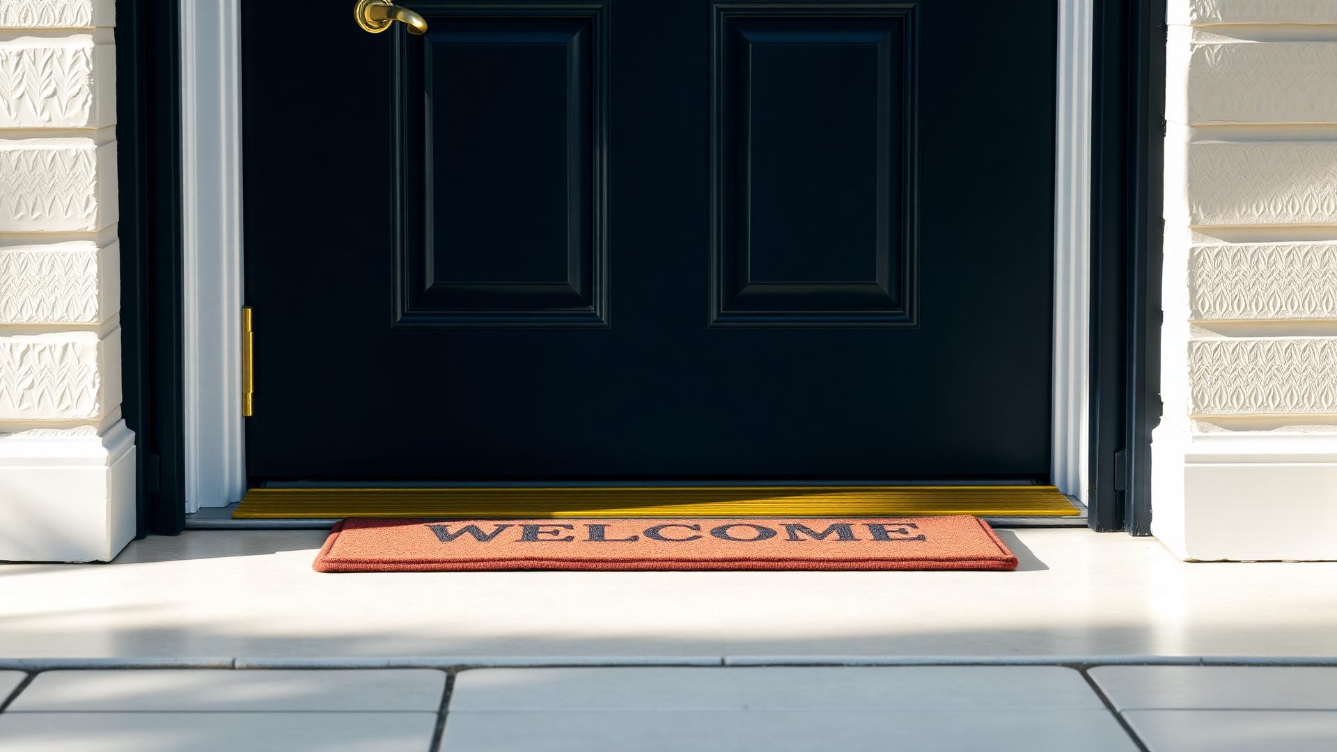 Freshly cleaned residential front door with polished handle and welcome mat