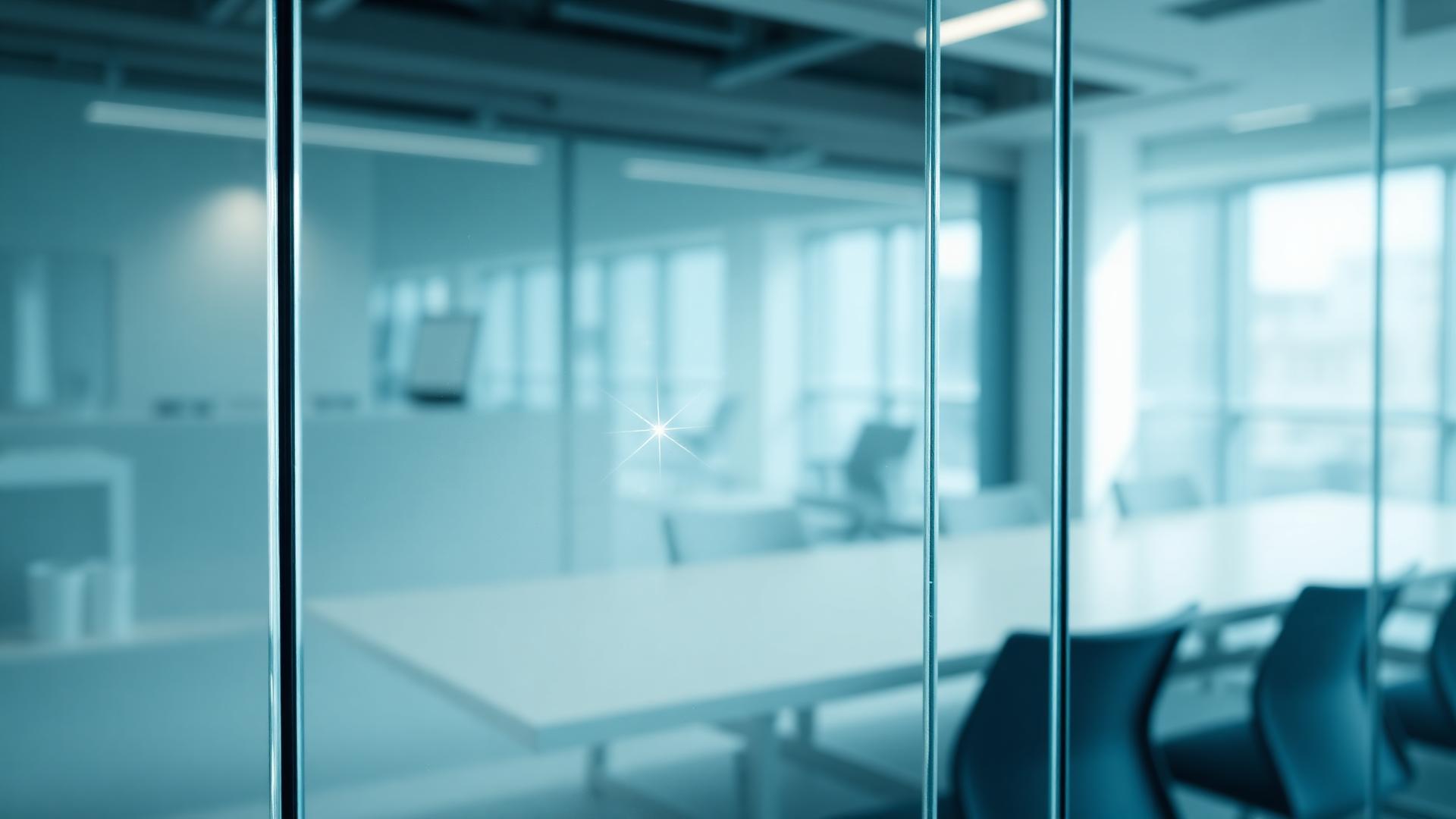 Crystal-clear glass conference-room wall reflecting a modern office